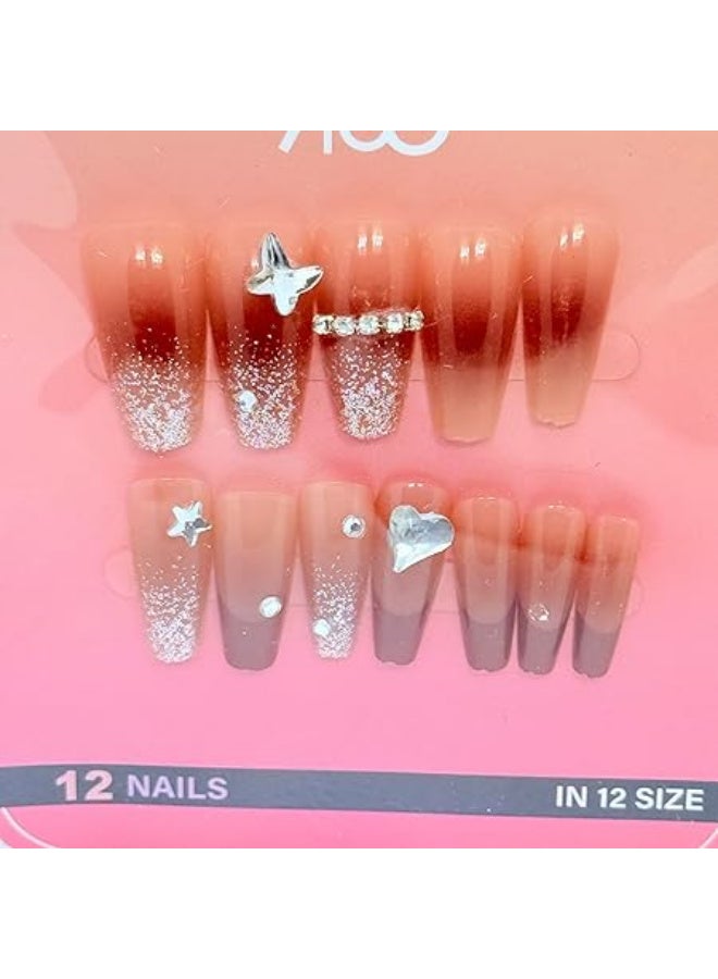 مجموعة اظافر كبس- 12 تصميم اظافر صناعية مع جليتر واحجار الراين، لمسة نهائية طويلة لامعة لصالونات التجميل، اظافر كبس قابلة لاعادة الاستخدام للنساء